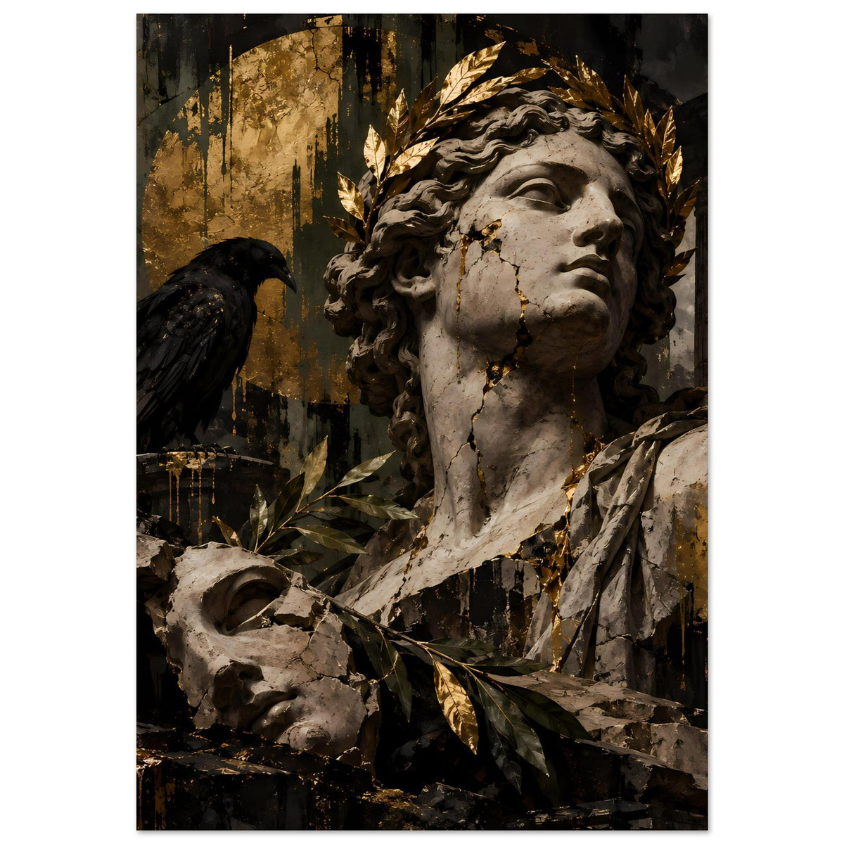 Barockes Poster mit klassischer Frauenskulptur, Goldakzenten am Lorbeerkranz