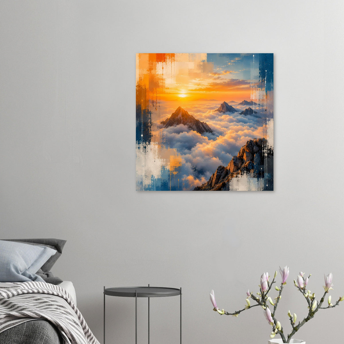 Kleines Poster: Sonnenuntergang über Bergen und Wolken, abstraktes Farbdesign, rechteckig