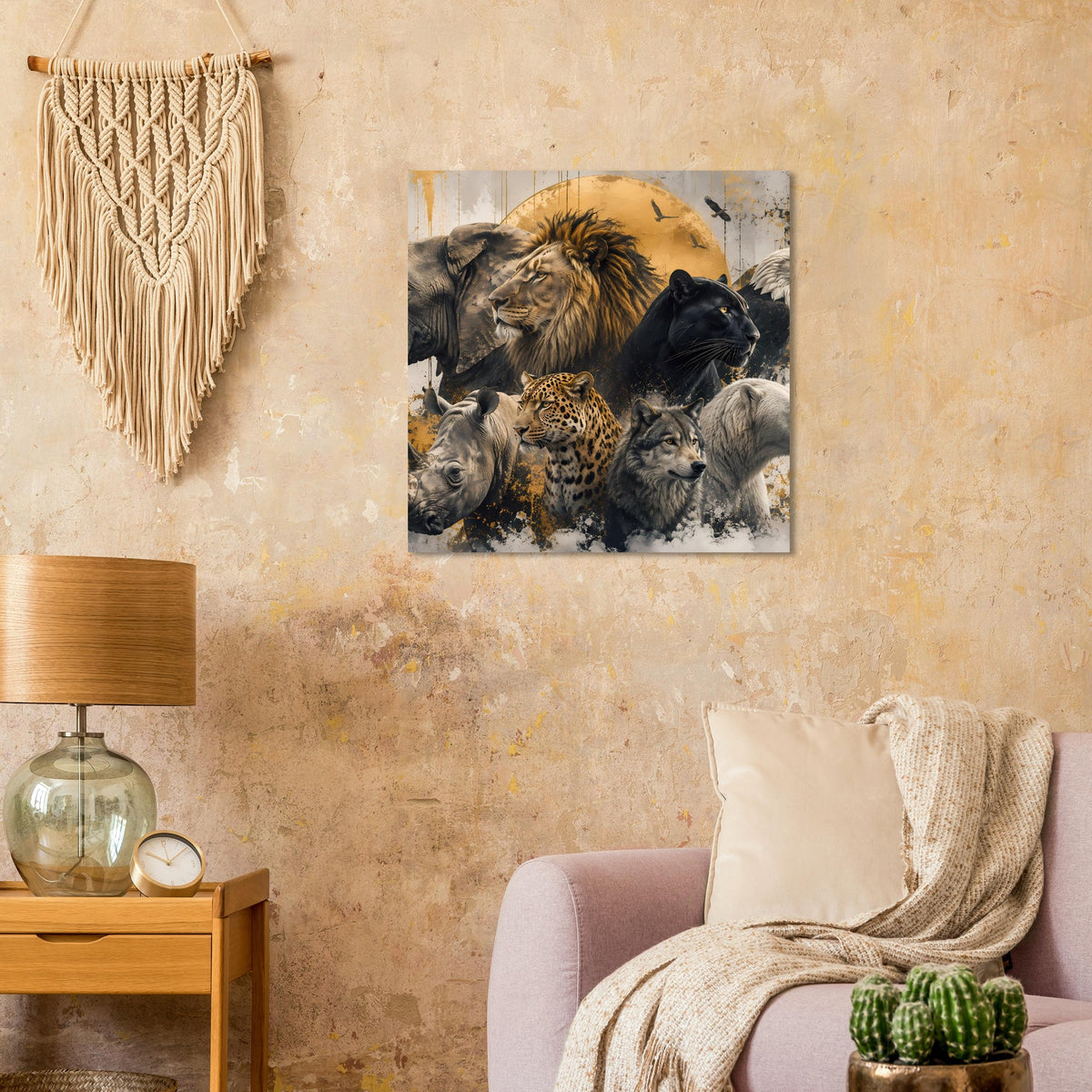 Wildtier-Poster mit Löwe, Panther und Leopard im Gold-Schwarz-Design