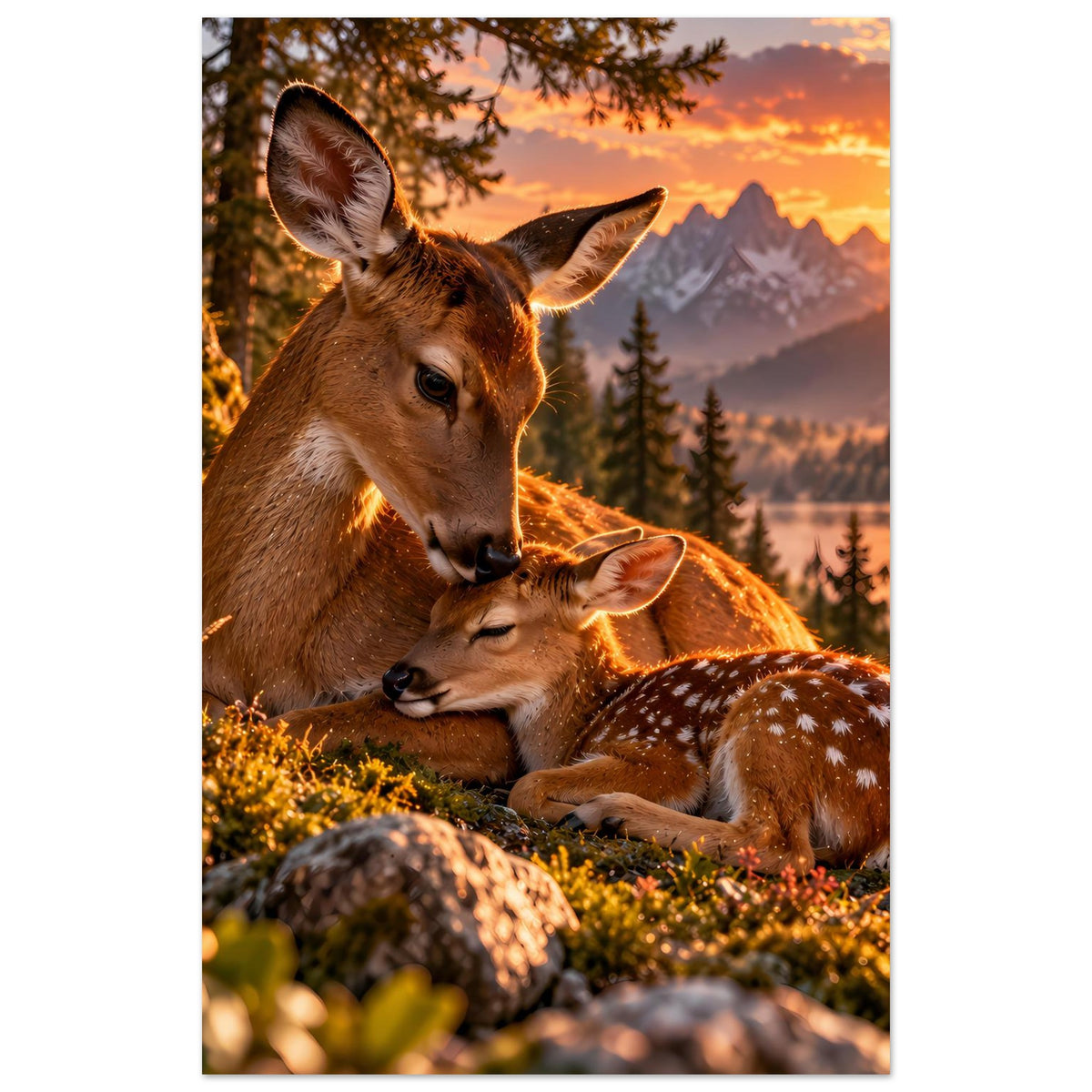 Poster im Hochformat mit Hirsch und Jungtier, Kopf nah aneinander