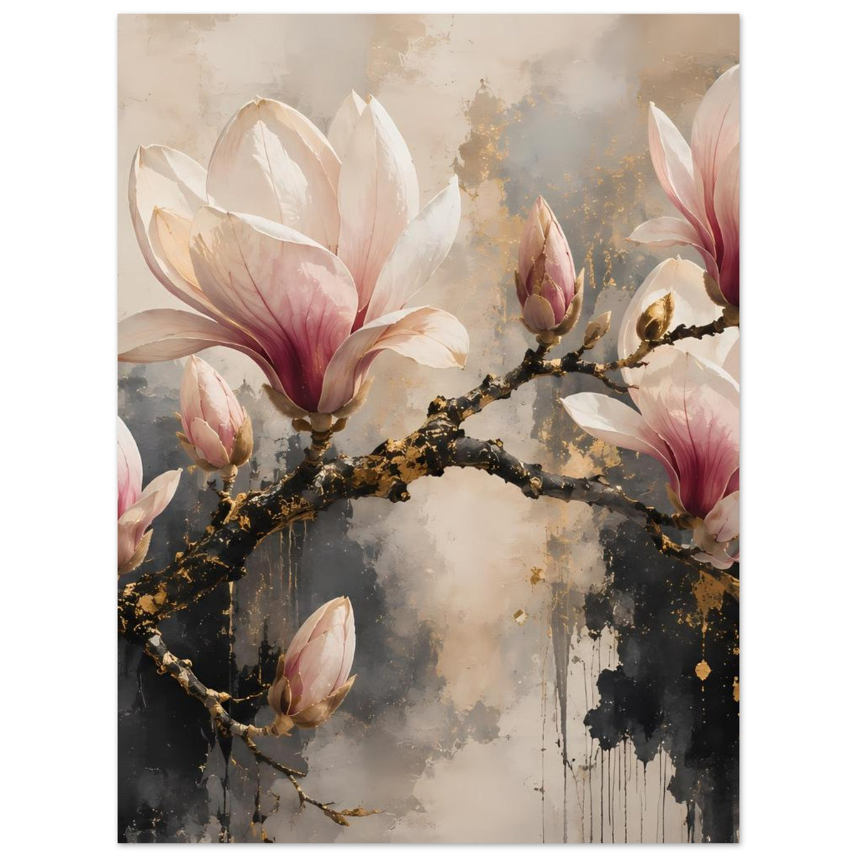 Poster mit Magnolienblüten, rosafarbenen Blättern und goldfarbenen Akzenten auf dunklem Ast