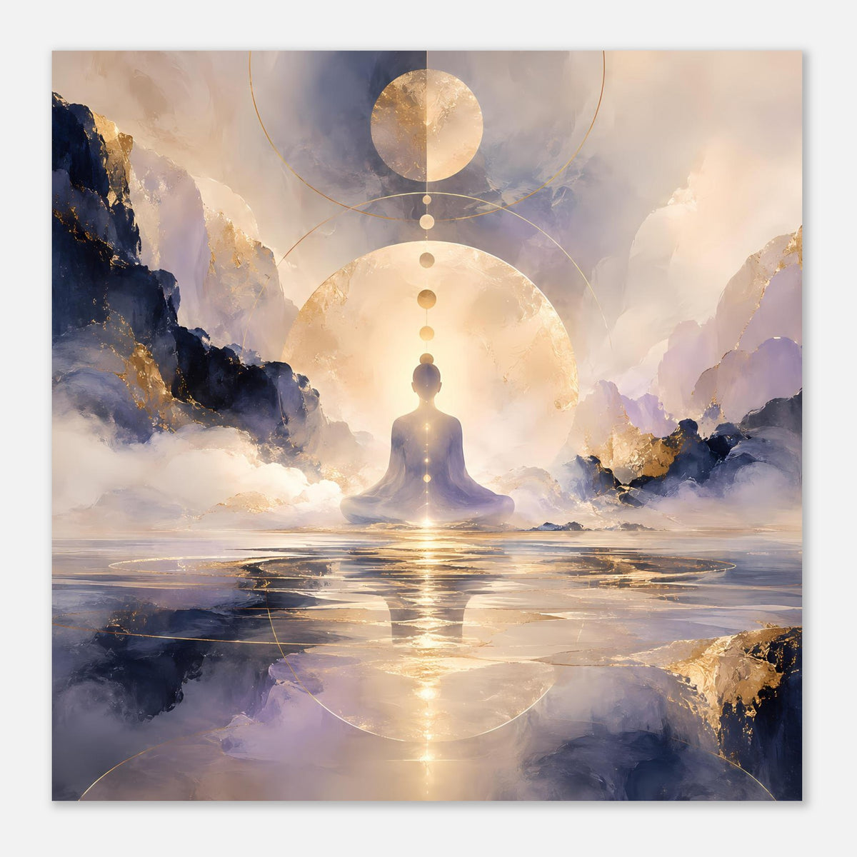 Poster mit Meditationsfigur, goldener Scheibe, Himmelsschichten und Spiegelung auf Wasser