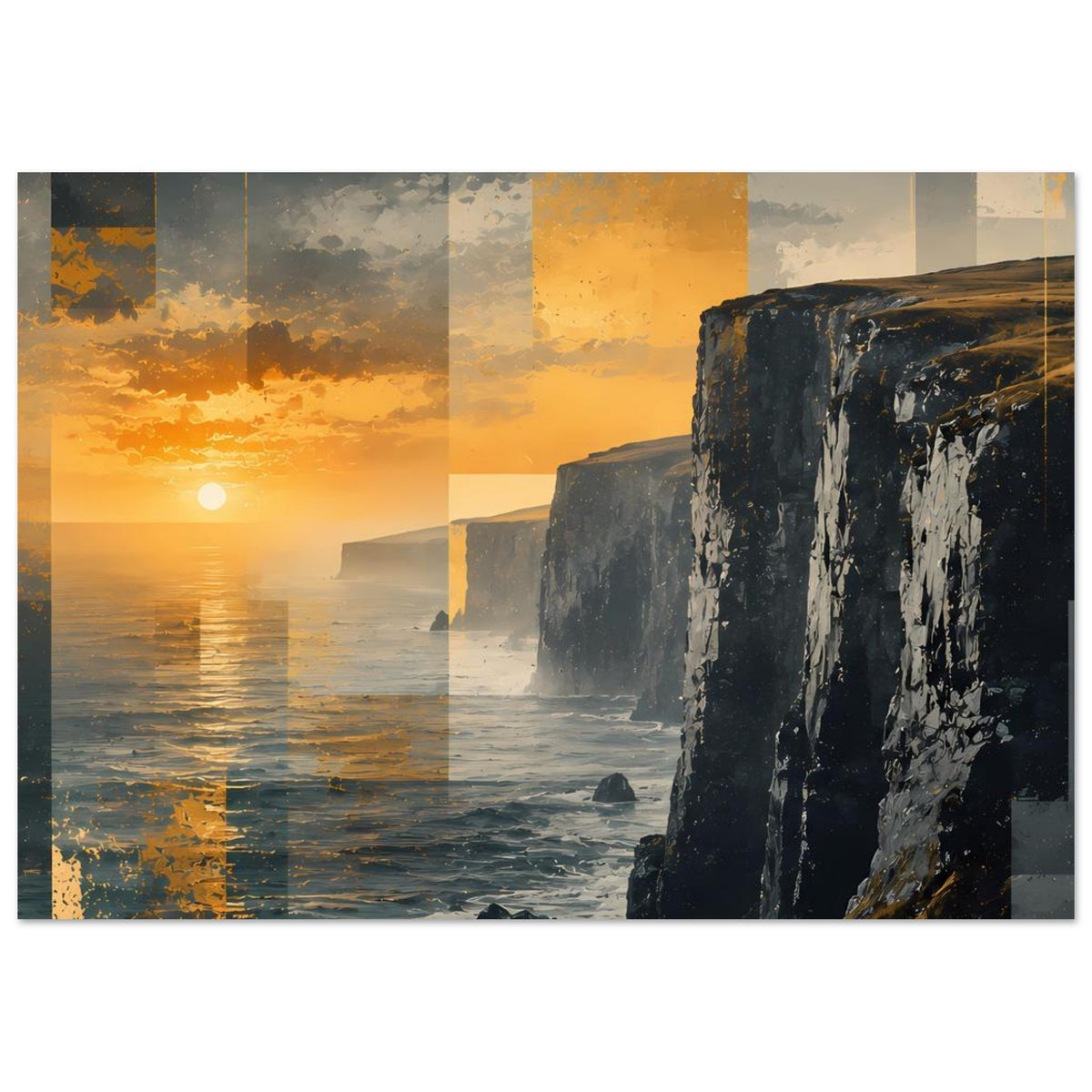 Küstenposter mit Meerblick, orangefarbenem Licht und dunklen Felsklippen
