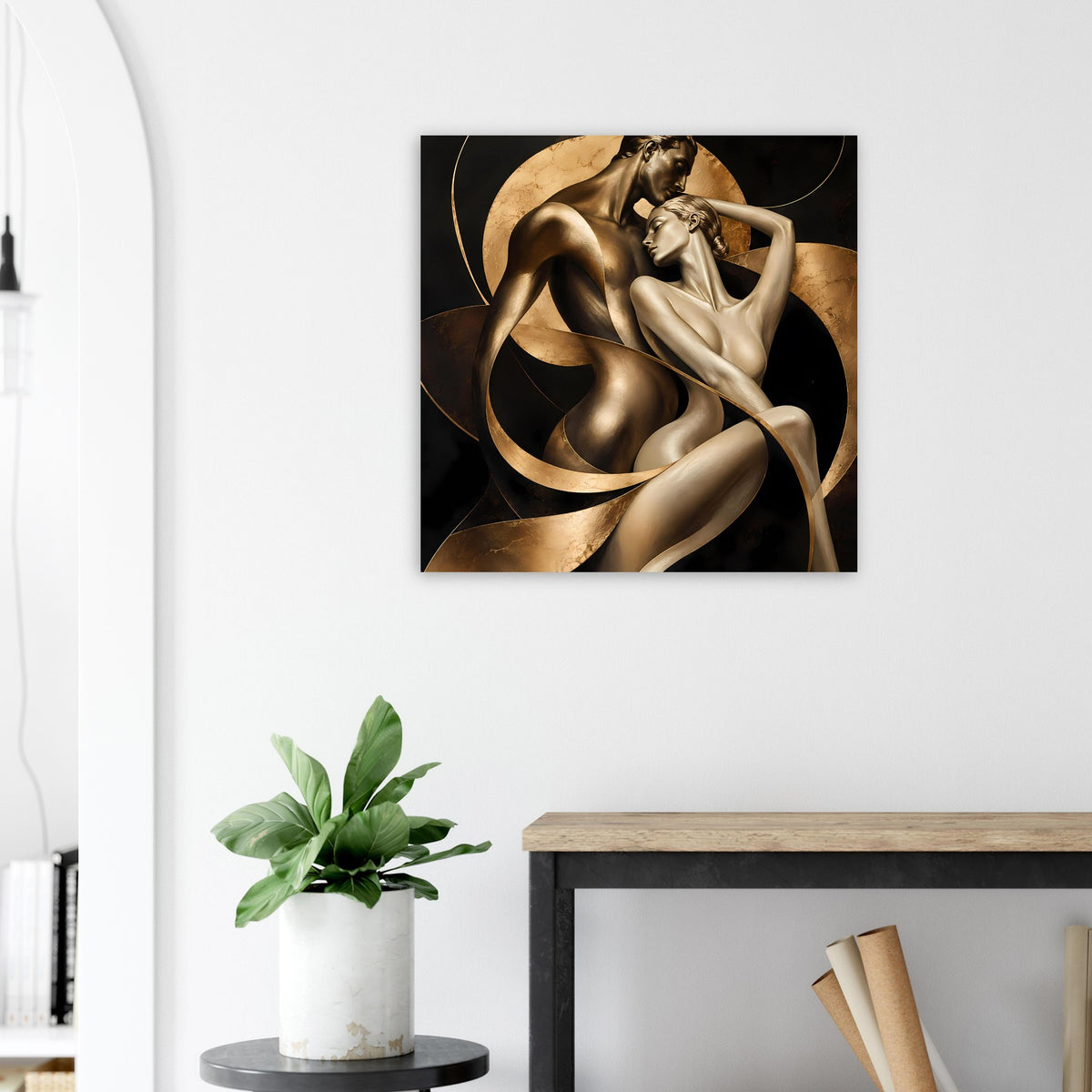Kunstposter mit gold- und bronzefarbener Aktfigur in kreisförmigen, fließenden Linien