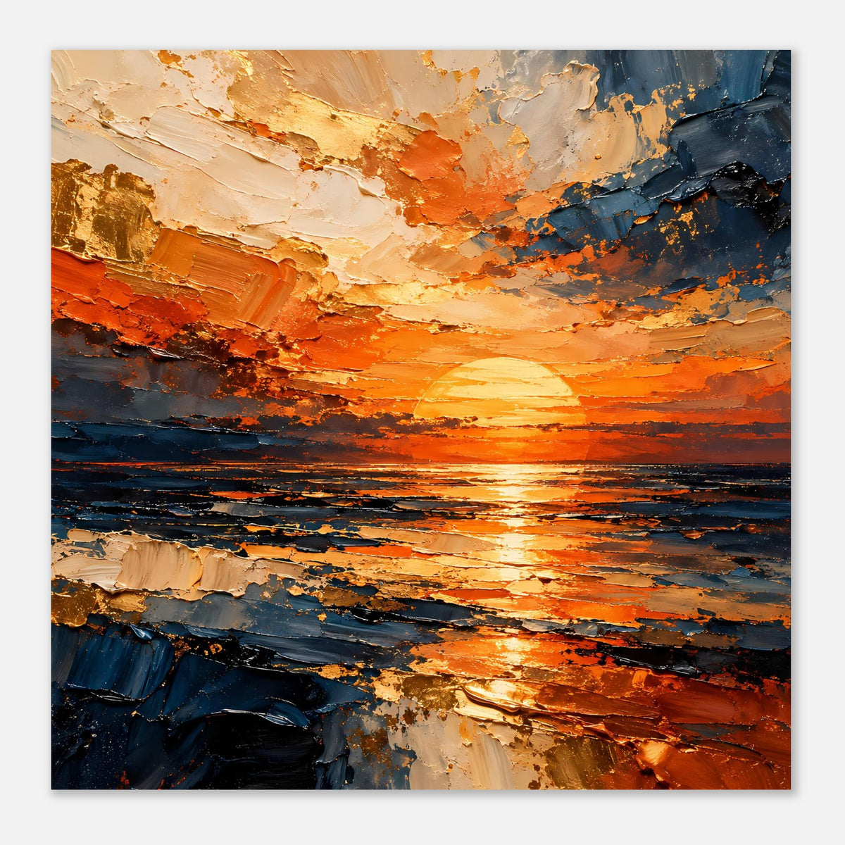 Abstraktes Sonnenuntergangs-Meer-Poster im Querformat, orangefarbene Wolken über blauem Meer