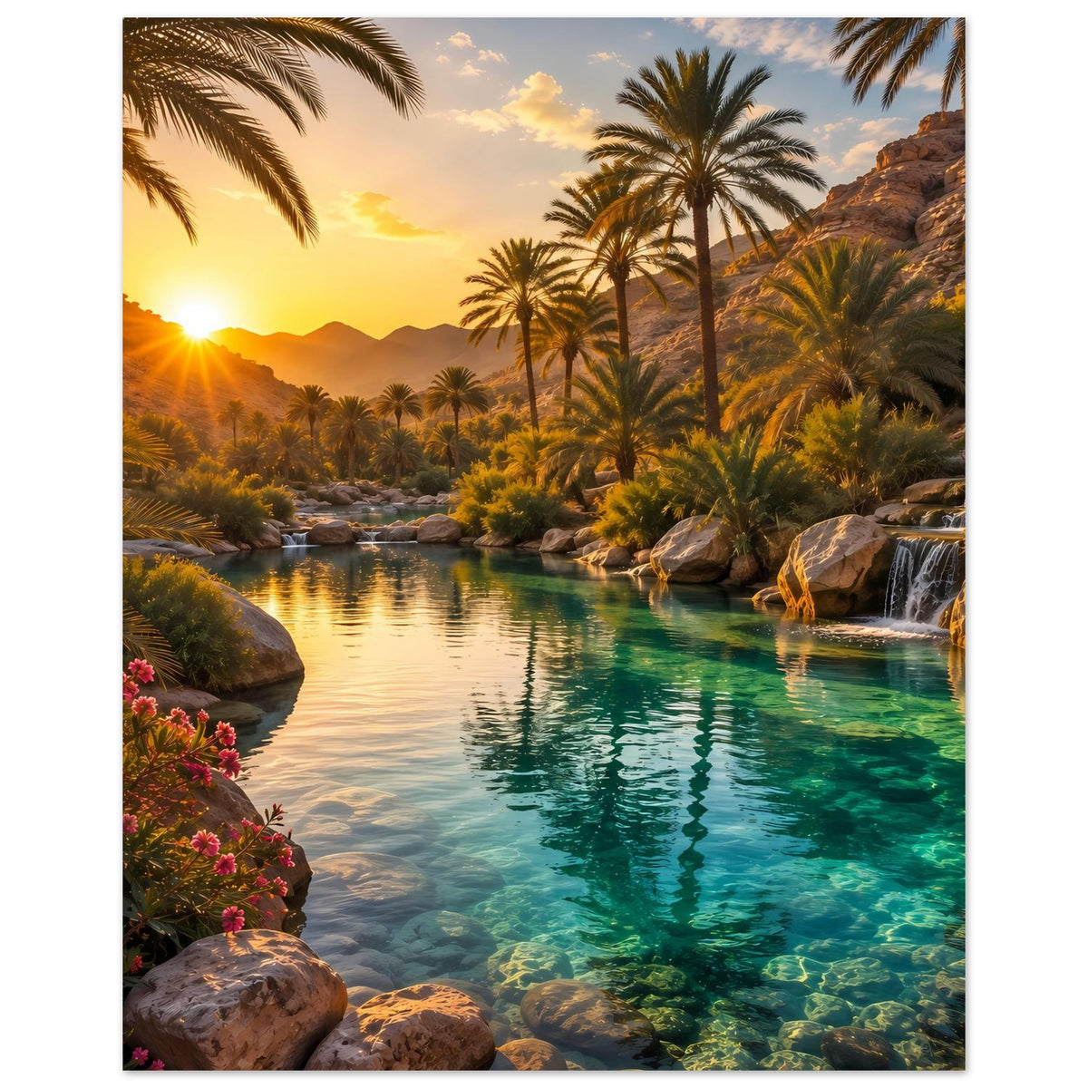 Poster im Hochformat: Palmen am Fluss, türkisfarbenes Wasser und Wasserfall bei Abendlicht