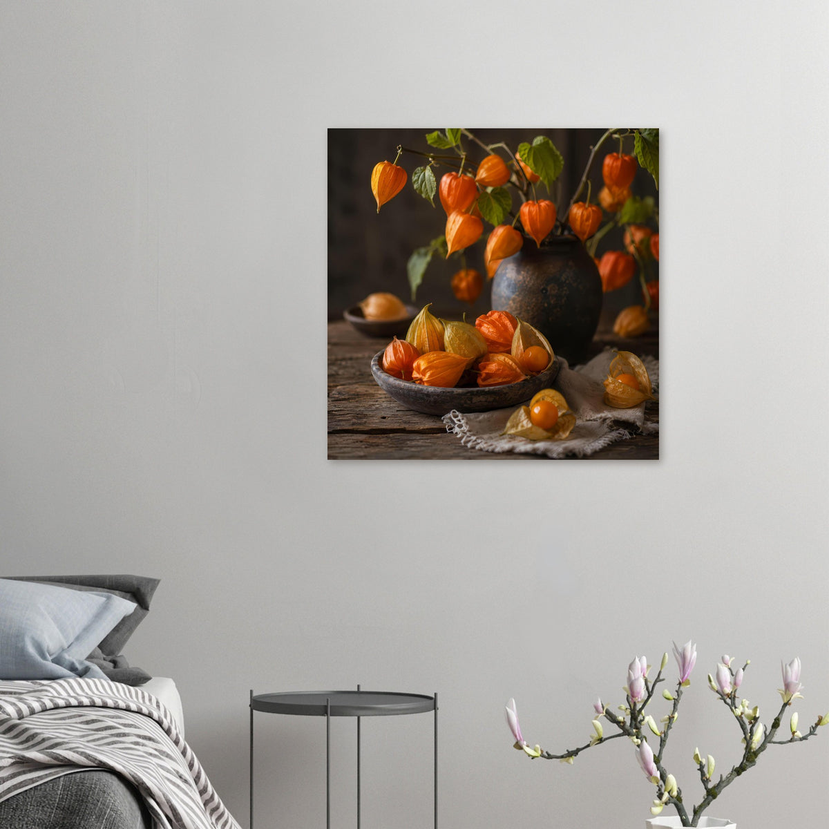 Kleines Herbstposter an der Wand: Schüssel mit Kürbissen und orange Früchte im Bild