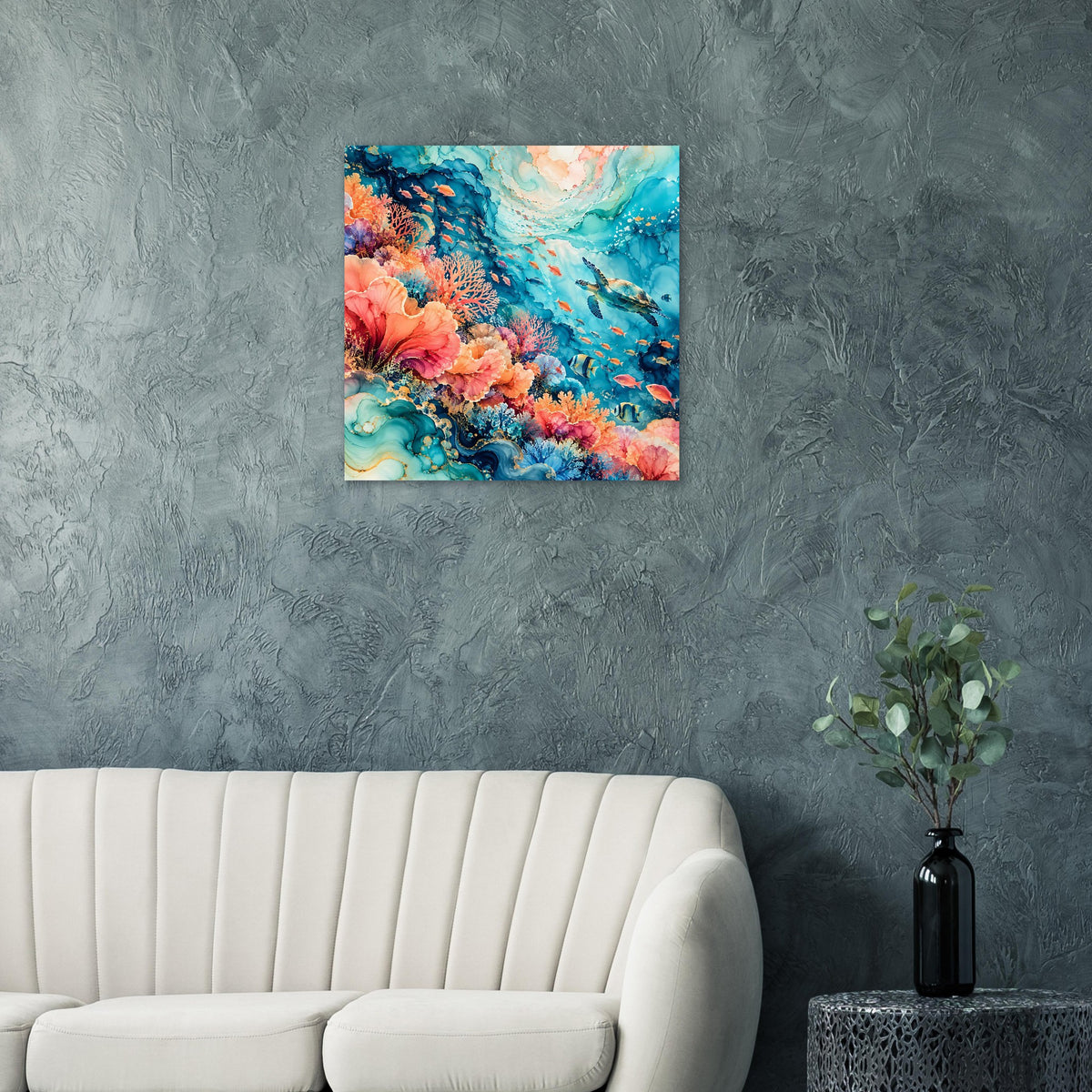 Quadratisches Poster mit blau-rotem Korallenriff und Fischen im Meerwasser