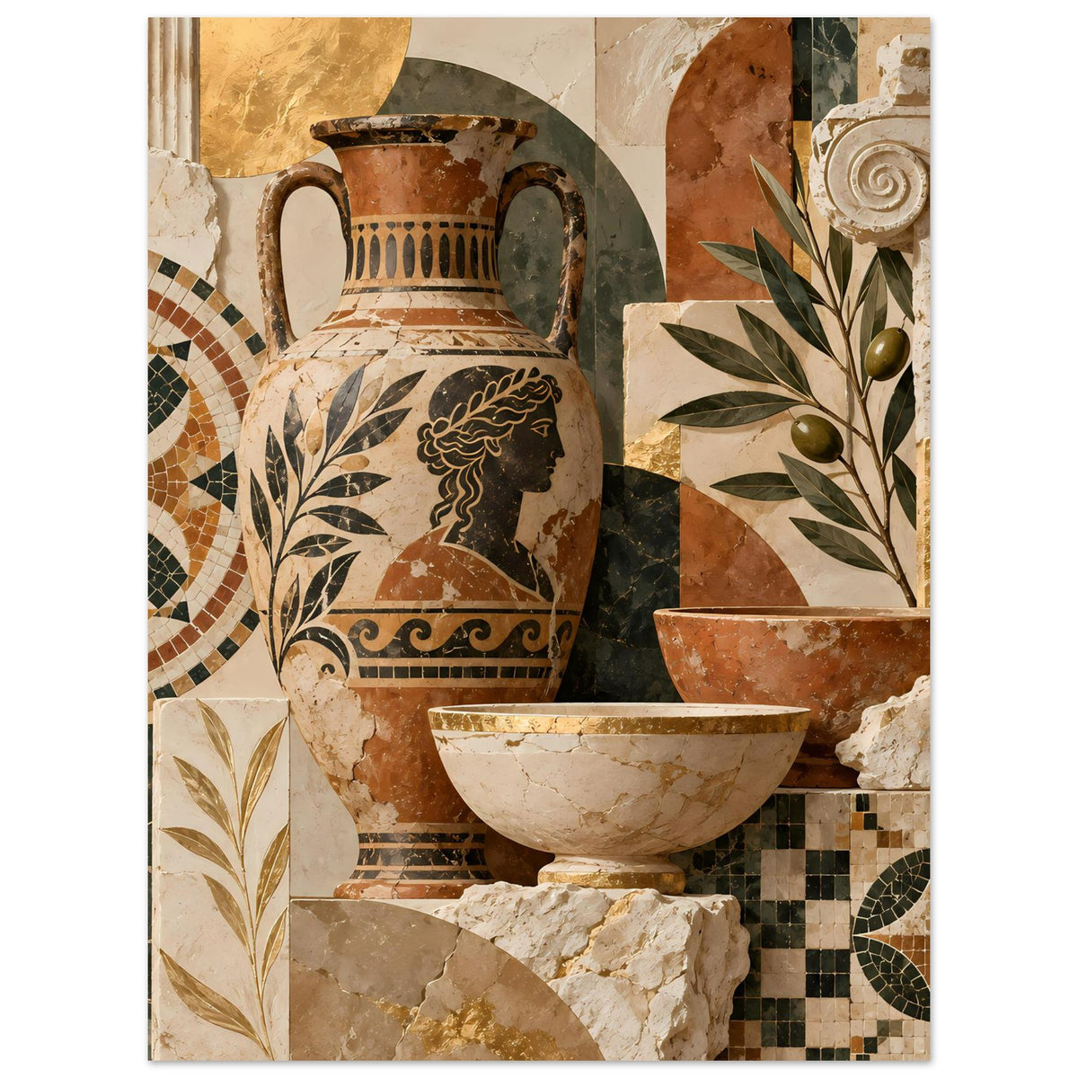 Mediterranes Mosaik-Poster im Hochformat: Amphore, Schüssel und Mosaikmedaillon links