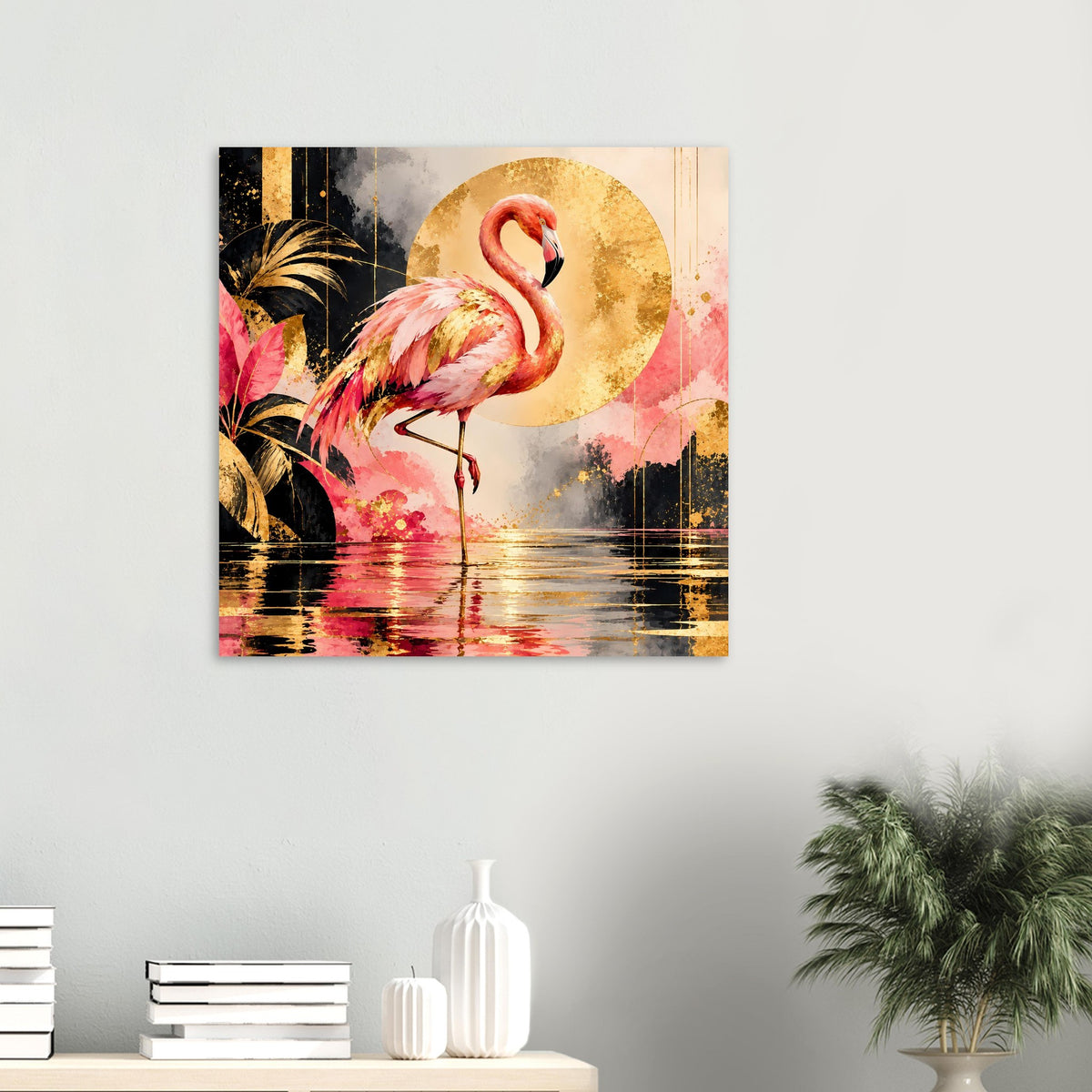Kleines Flamingo-Tierposter: rosa Flamingo vor goldenem Kreis, abstraktes Wasser und Spritzer