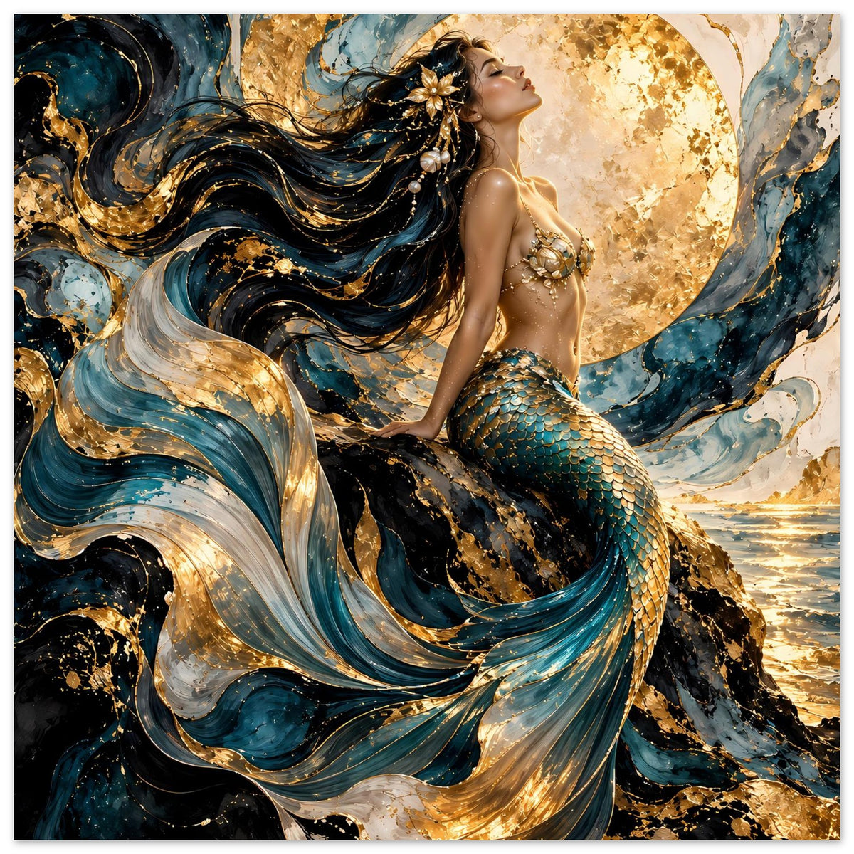 Poster mit Meerjungfrau mit Schmuck, Türkis und Gold, goldene Lichtreflexe