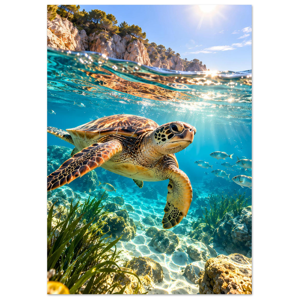 Meeresschildkröten-Poster (Hochformat): Nahansicht Schildkröte im blauen Meer mit Fischen