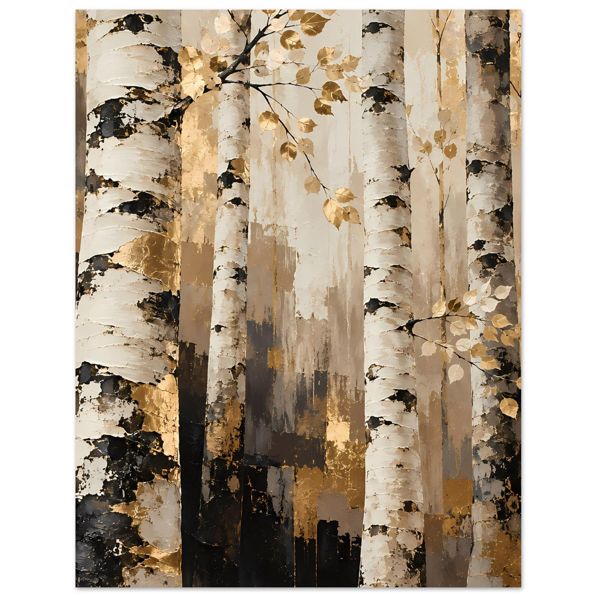 Naturposter mit Birkenwald und goldfarbenem Laub, kontrastreiche Baumstämme in warmen Tönen.