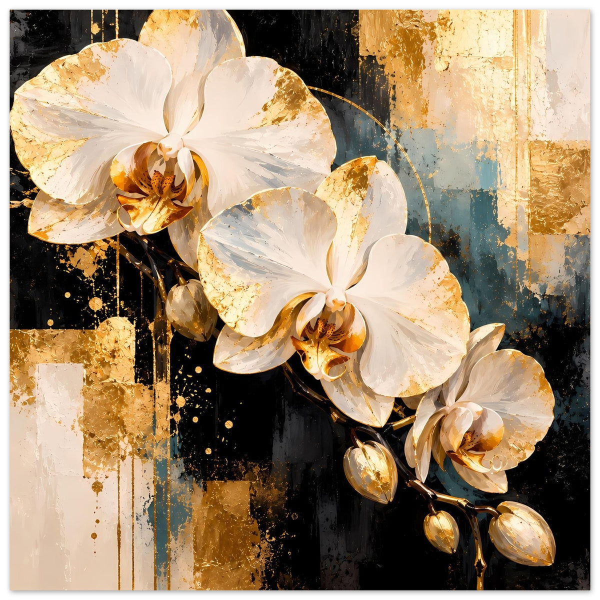 Poster mit weißen Orchideen, goldene Akzente und mehrere Blüten auf rankendem Stiel