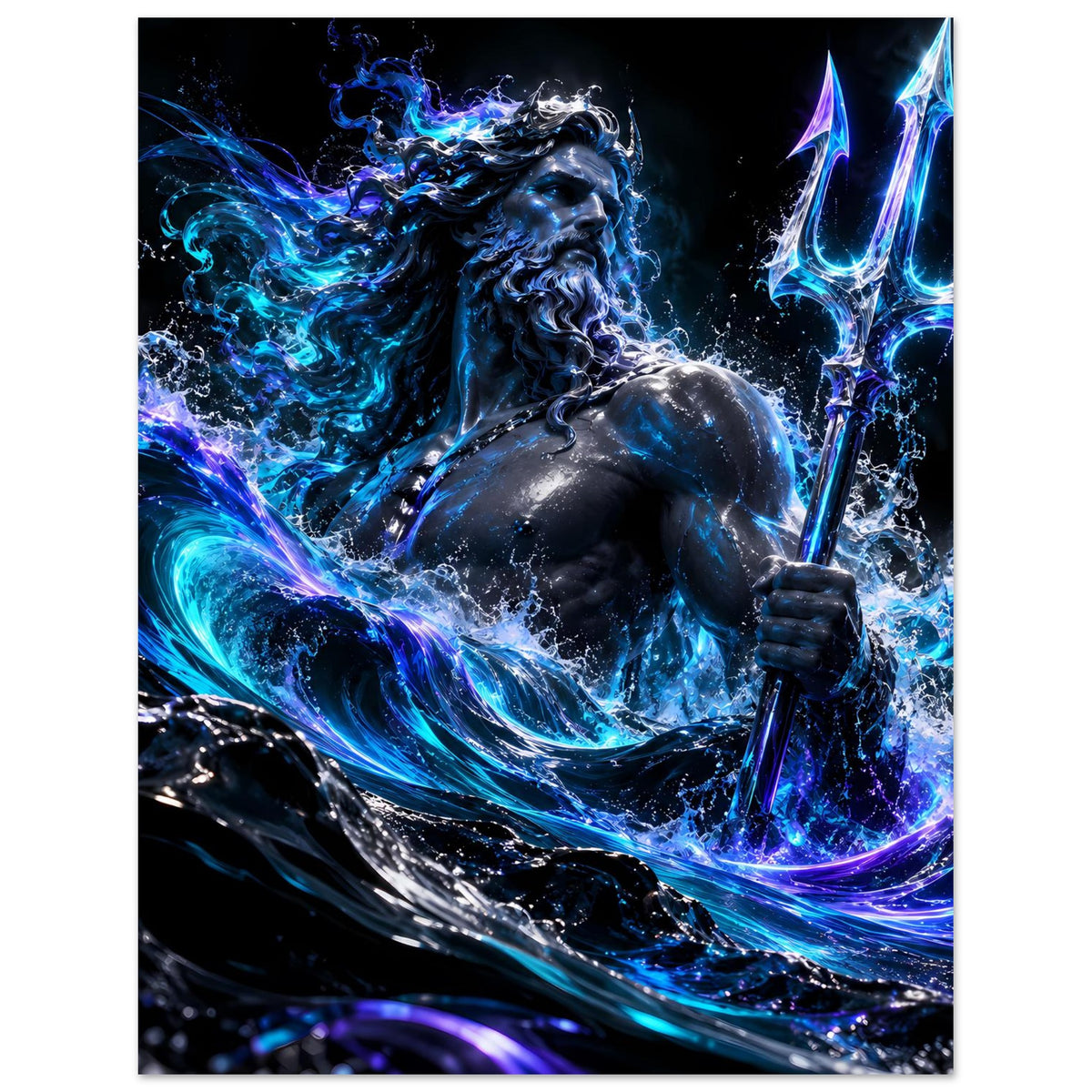 Hochkant-Poster mit Poseidon-Kunstmotiv: Dreizack, blaue Energie wirbelt über den Wellen