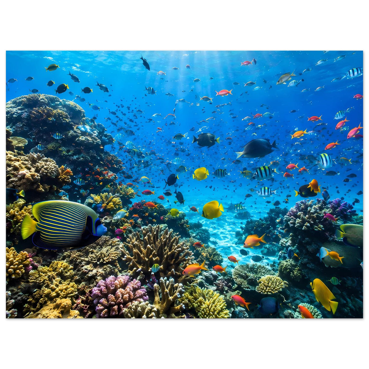 Korallenriff-Poster mit bunten Fischen, gestreifter Falterfisch links, Korallen unten