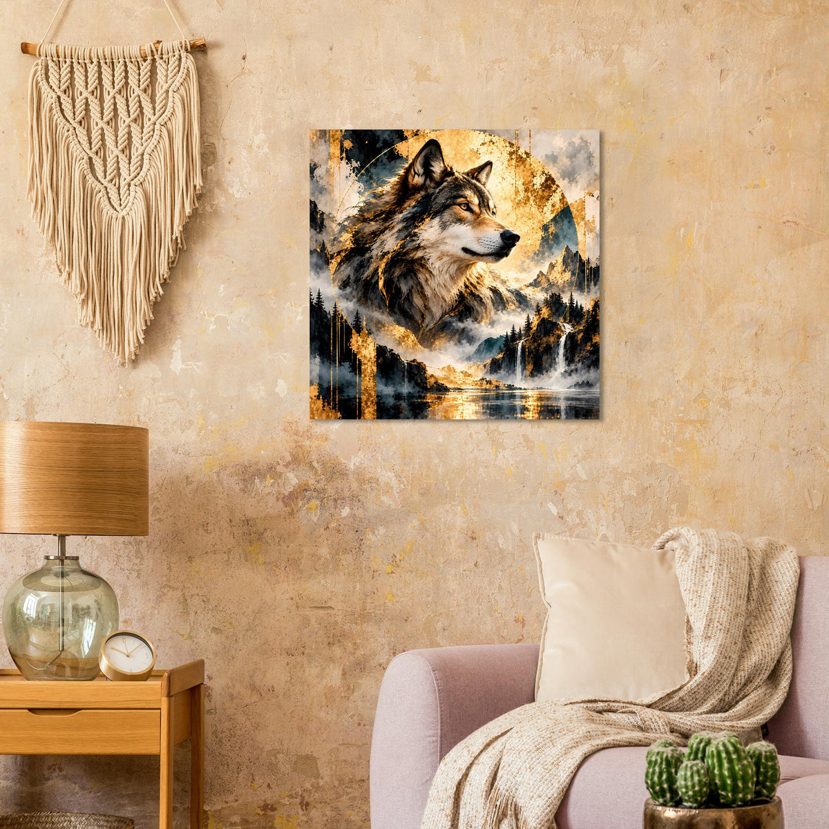 Wolfs-Poster im Quadratformat mit goldenem Sprenkel-Look, Wolf im Profil vor düsteren Wäldern