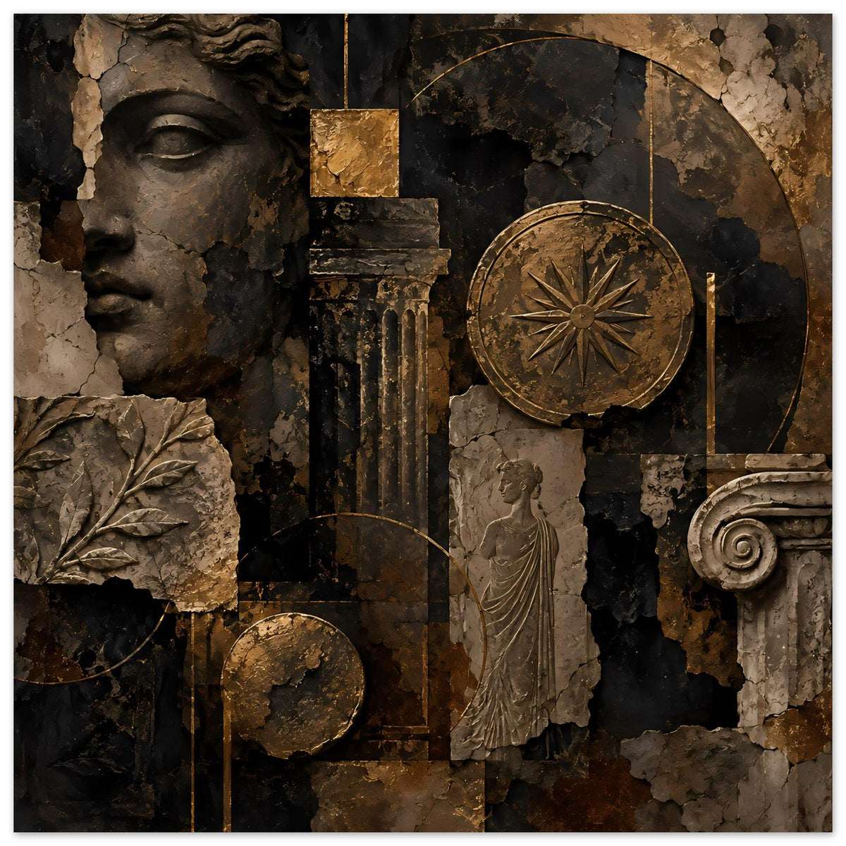 Wandposter vertikal: Büste, Säule, kreisförmige Scheibe, Statue & Spiralornament in Bronze/Schwarz