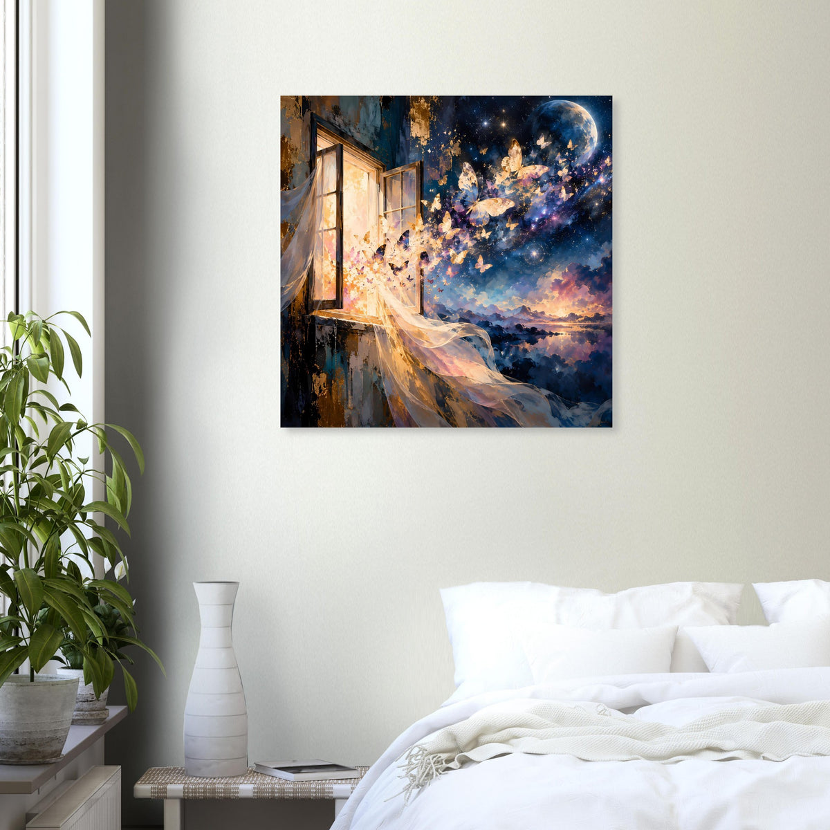 Quadratisches Kunstposter mit Abendhimmel, leuchtenden Schmetterlingen und gelbem Lichtstreifen