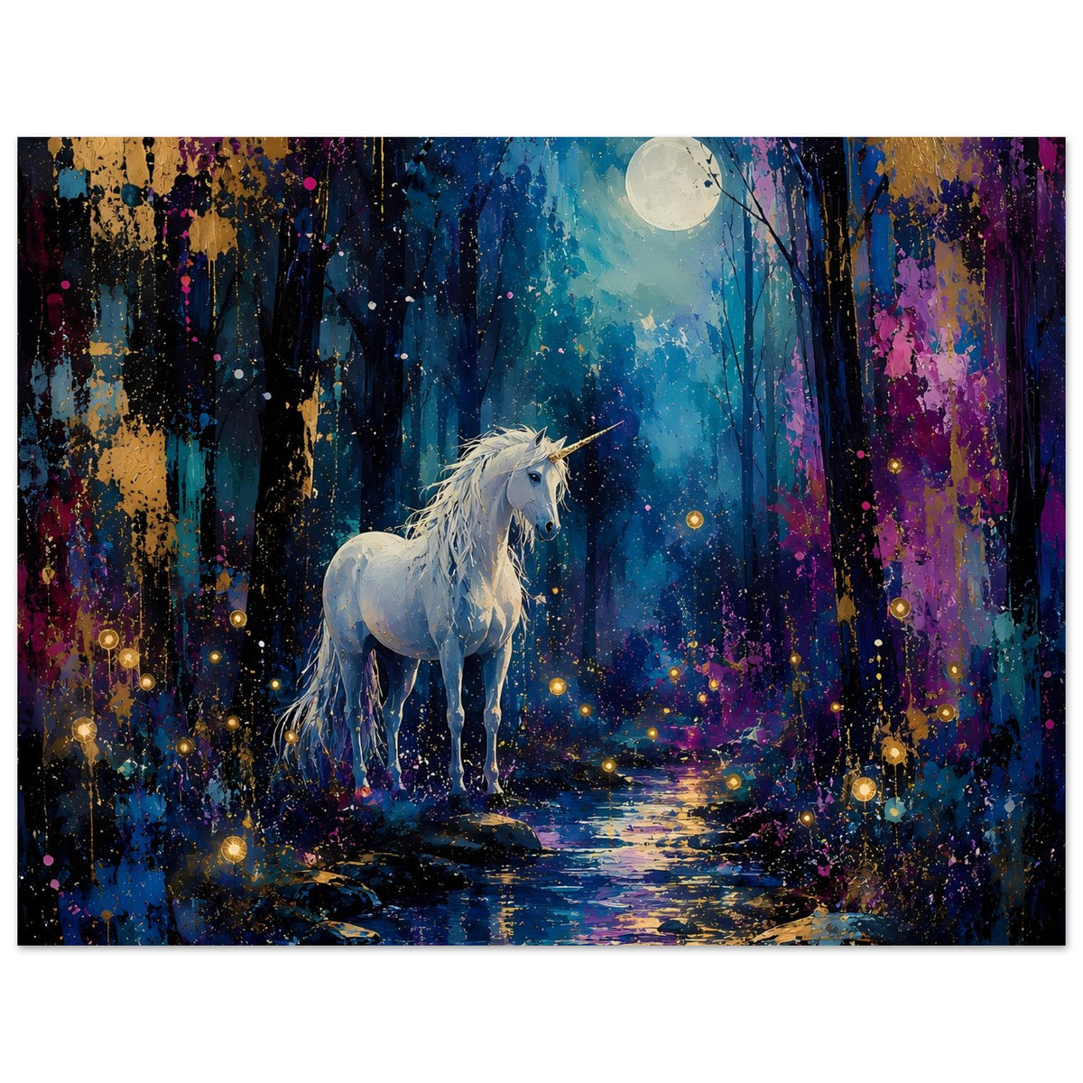 Einhornposter mit weißem Einhorn vor Mond über Waldweg, leuchtende Punkte, dunkler Rahmen, Querformat