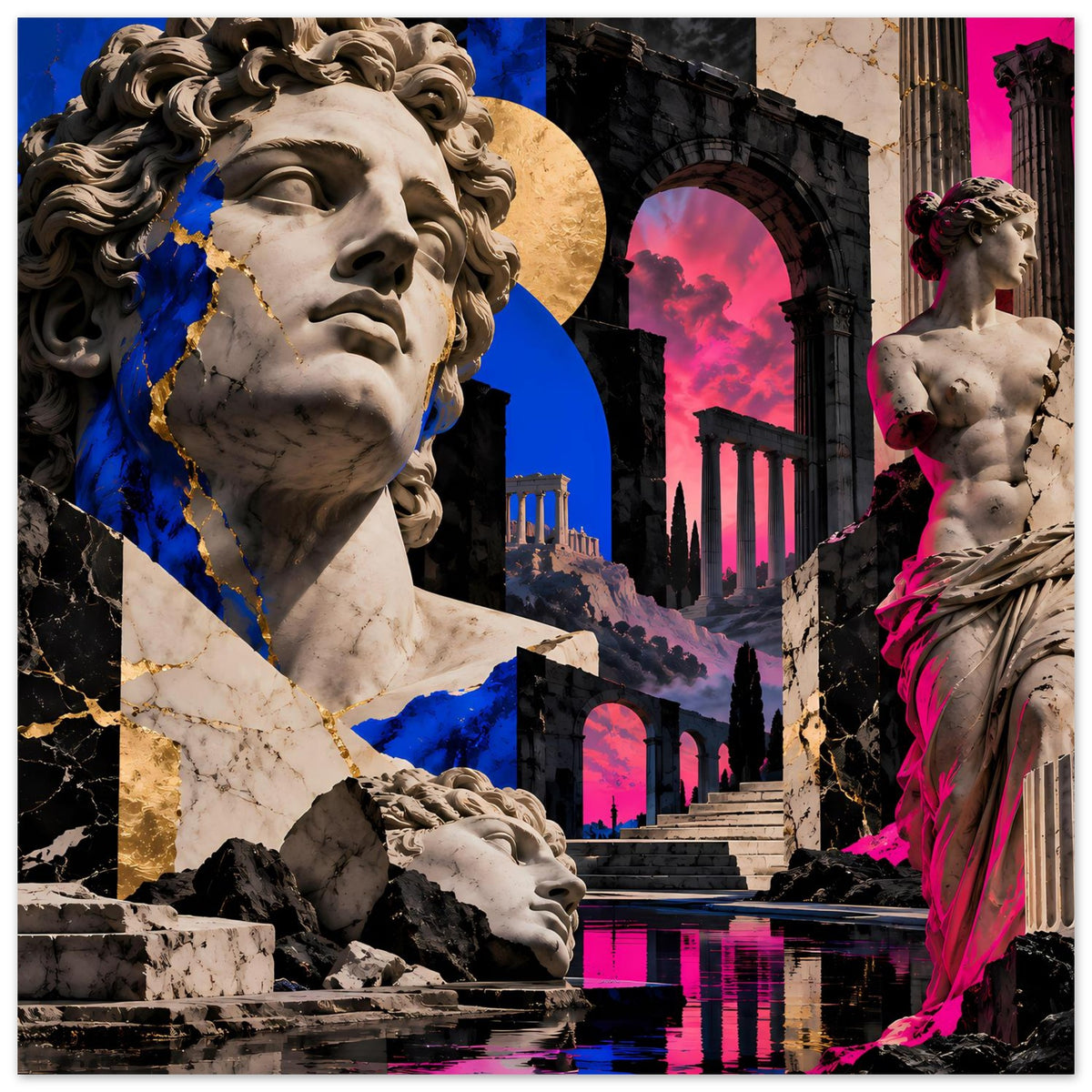 Horizontales Poster mit Statue, farbiger Bildcollage in Blau und Pink, antikes Motiv