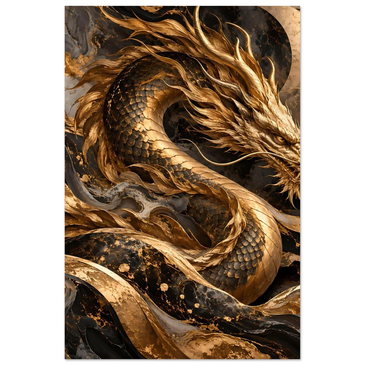 Fantasy-Poster: goldener Drachenkopf mit Mähne und Hals, dunkle Schattierungen im Motiv
