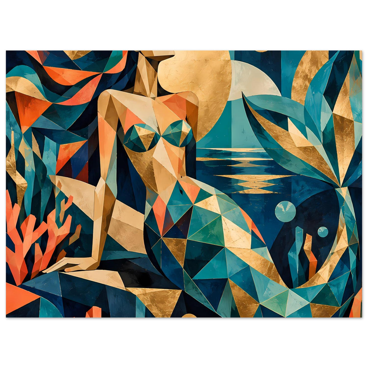 Nahansicht des Kunstposters: geometrische Meerjungfrau in Türkis und Koralle