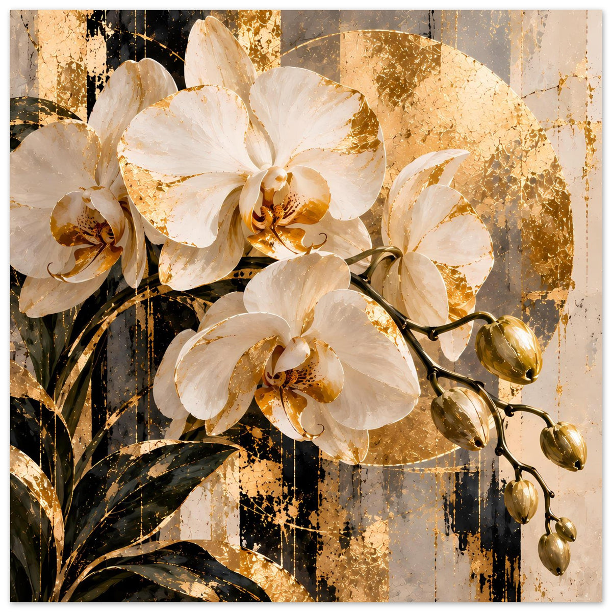 Blumenposter im Querformat mit weißen Orchideen und goldenen Akzenten, abstraktem Hintergrund.