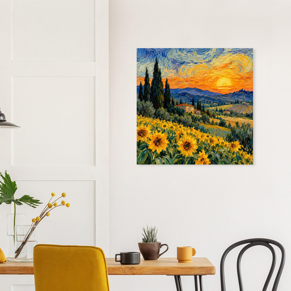 Quadratisches Kunstposter mit gelben Sonnenblumen und orange-blauem Abendhimmel