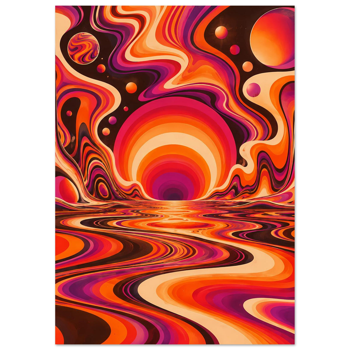 Hochformat-Poster mit abstrakten Orange- und Violettströmungen, Sonne und geschwungene Wellen
