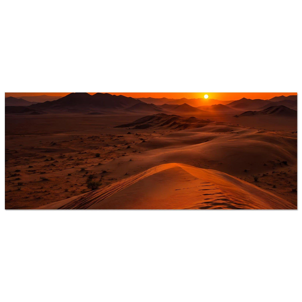 Horizontales Poster mit Wüstendünen und Sonnenuntergang, orangefarbener Himmel mit Sonne