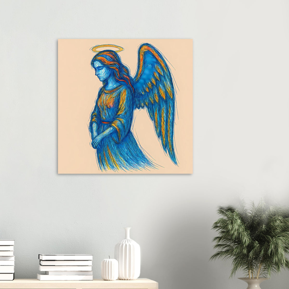 Blaues Engels-Porträt als Poster, ganze Figur mit Heiligenschein und Flügeln