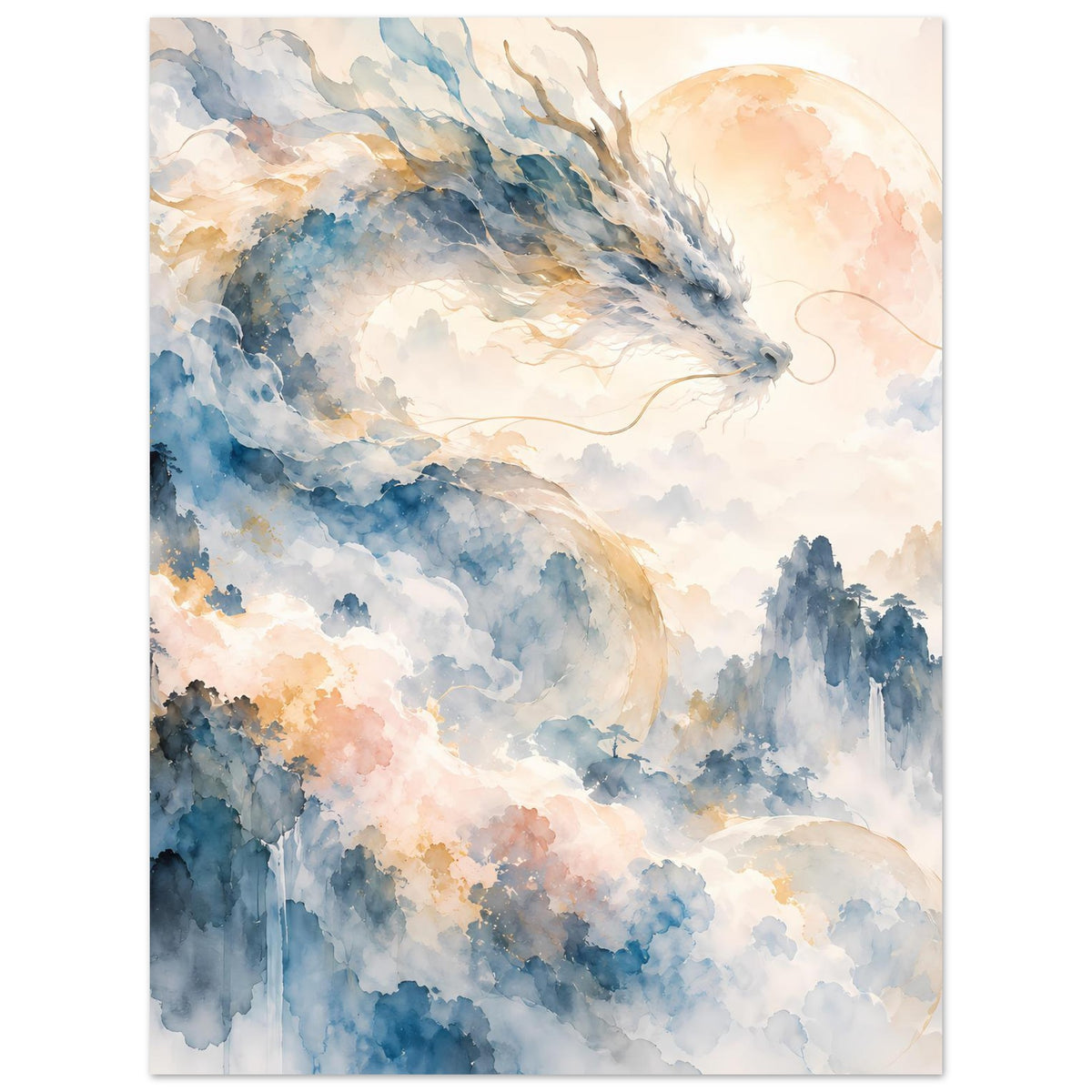 Fantasie-Aquarellposter mit Drachen über Bergnebel, blau-goldenen Wolken und Sonne