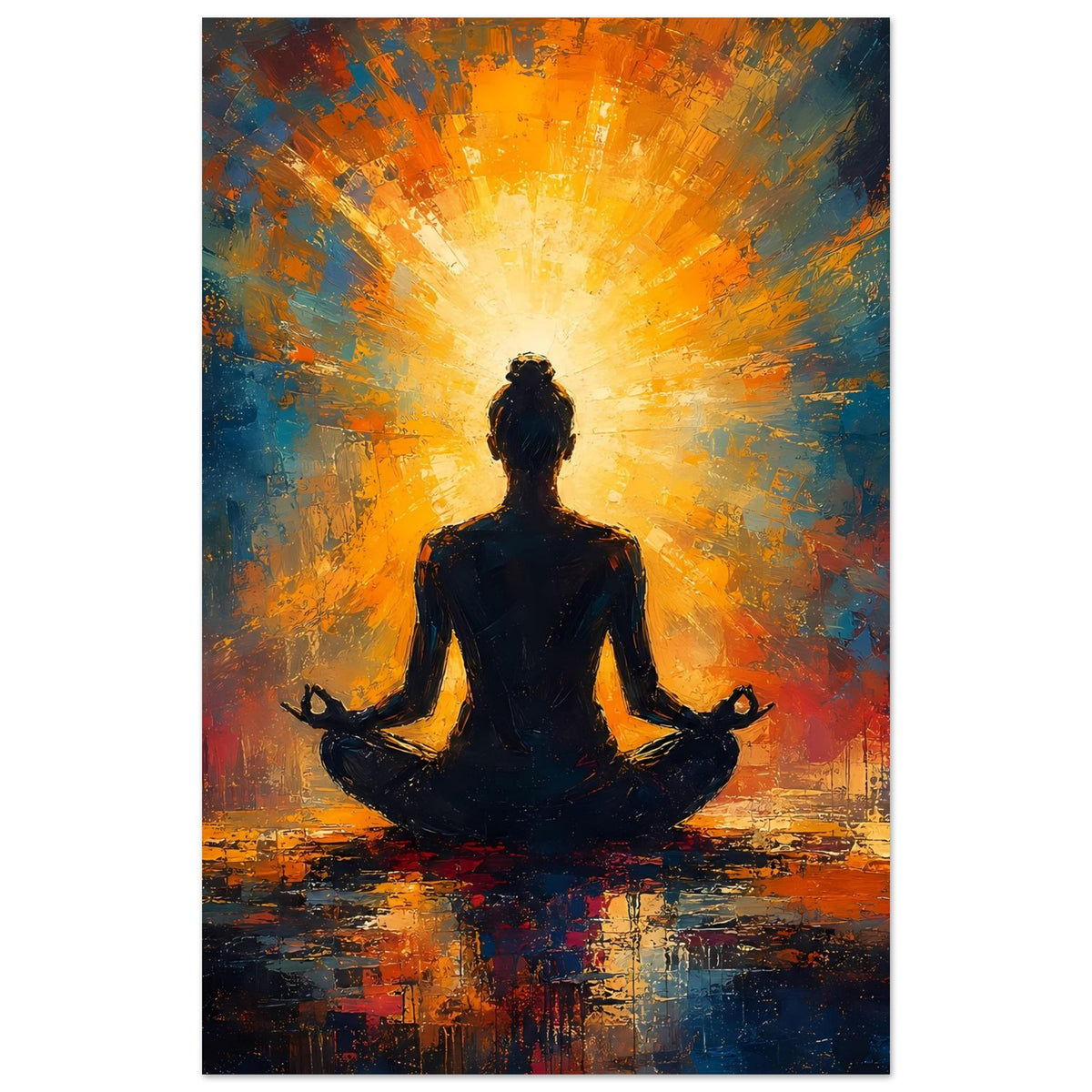 Meditatives Poster: sitzende Silhouette mit orangegelben Strahlen im abstrakten Licht