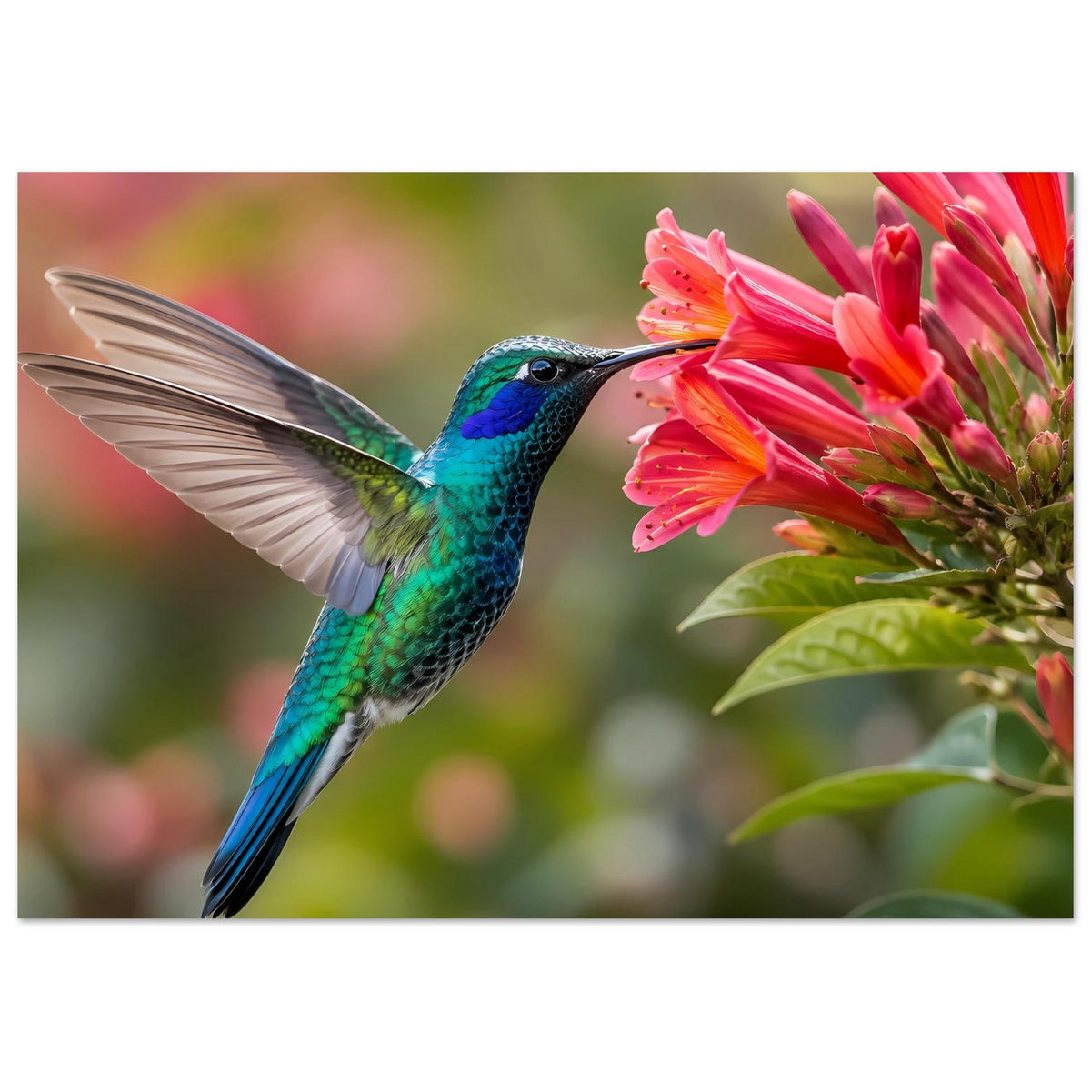 Naturposter mit türkisblauem Kolibri an rosa Blüten, Querformat