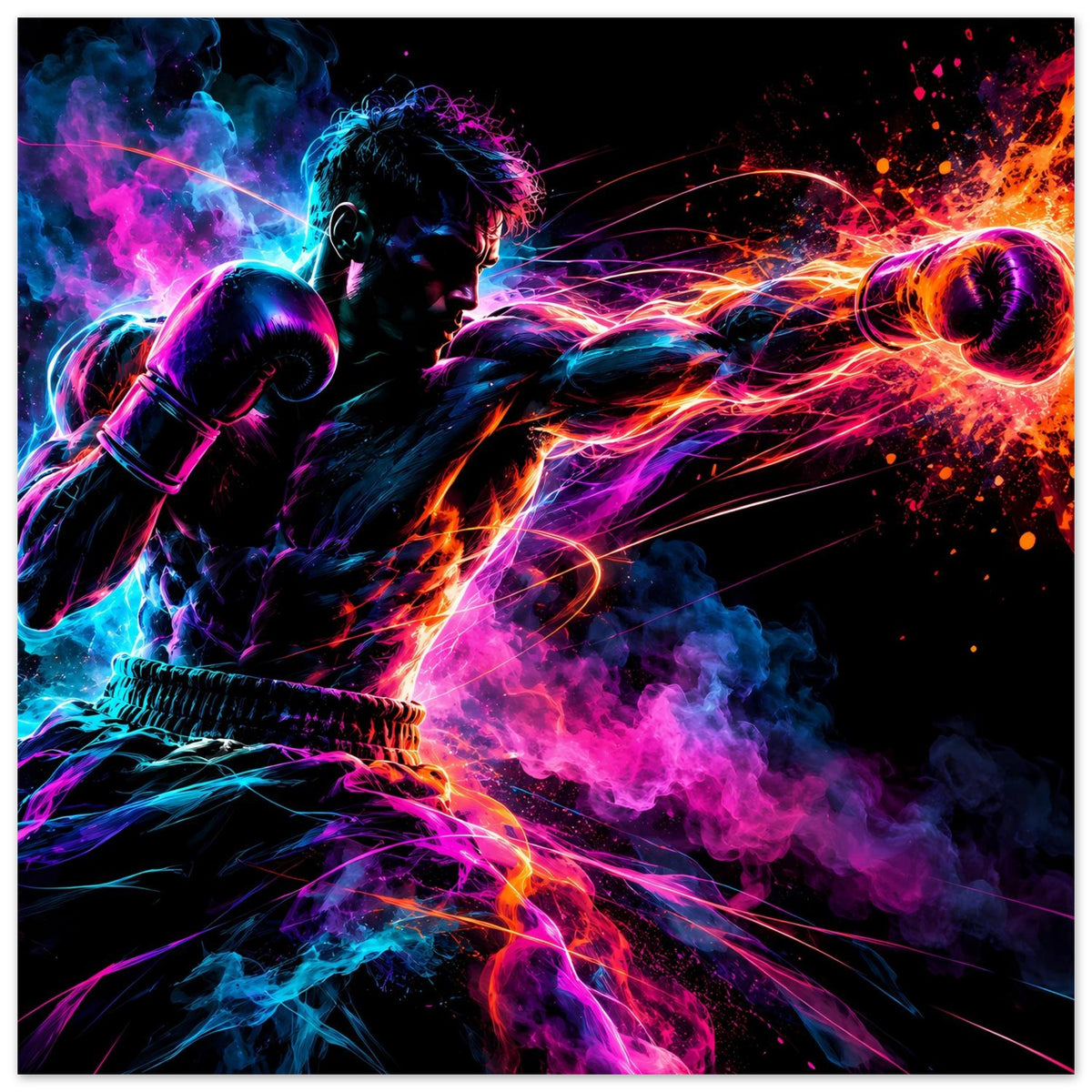 Poster mit Neon-Boxer, farbige Energie-Ringe, starke Lichtlinien und Rauch