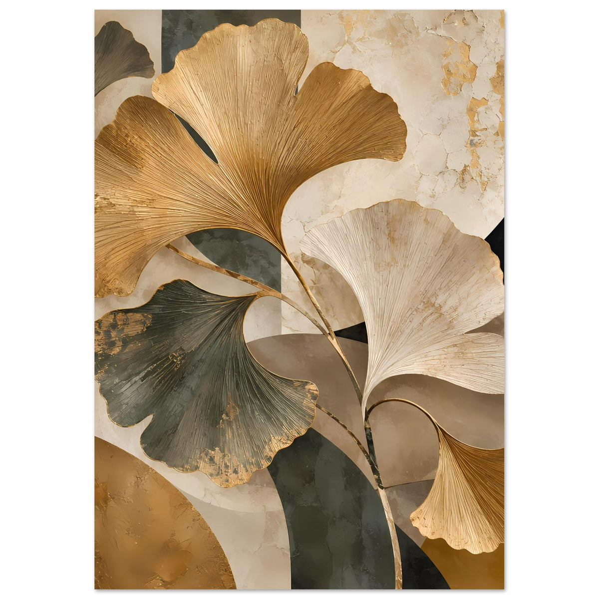 Botanisches Poster mit Ginkgo-Blättern: goldene Akzente und cremefarbene Blätter