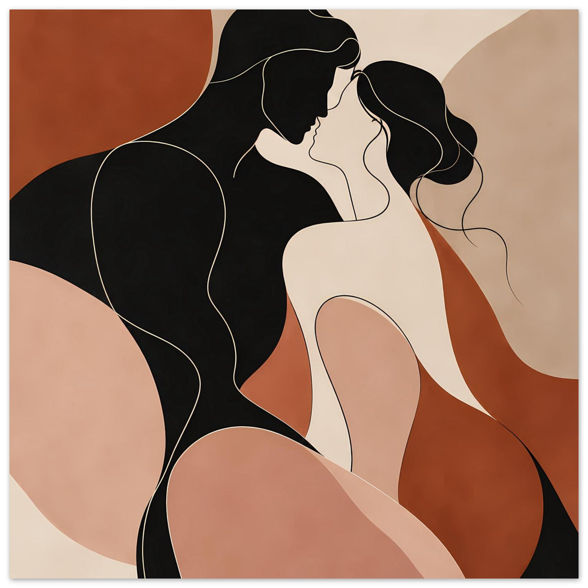 Poster mit stilisierten Profilen eines Paares, Schwarzlinien auf Creme und Terrakotta, Querformat
