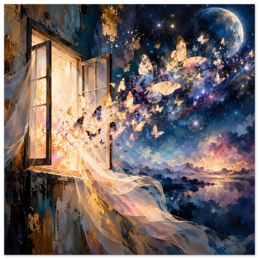 Kunstposter mit offener Tür, flatternden Schmetterlingen und Mond im Sternenhimmel