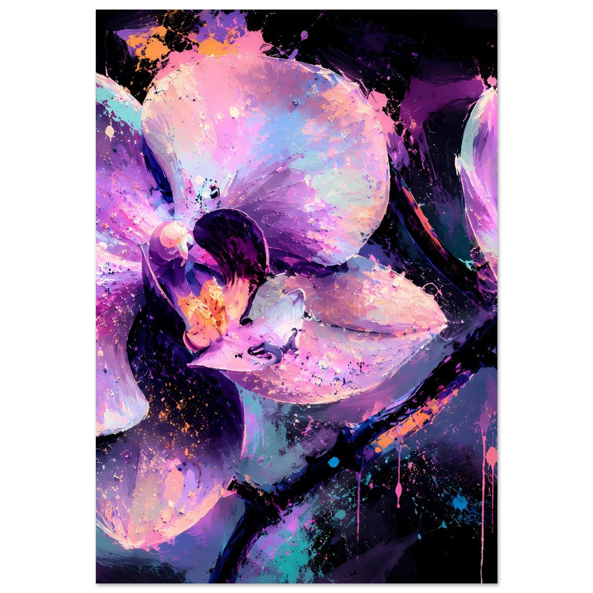 Neon-Orchideenblüten-Poster mit hellen violetten Blüten und dunkelviolettem Kontrast
