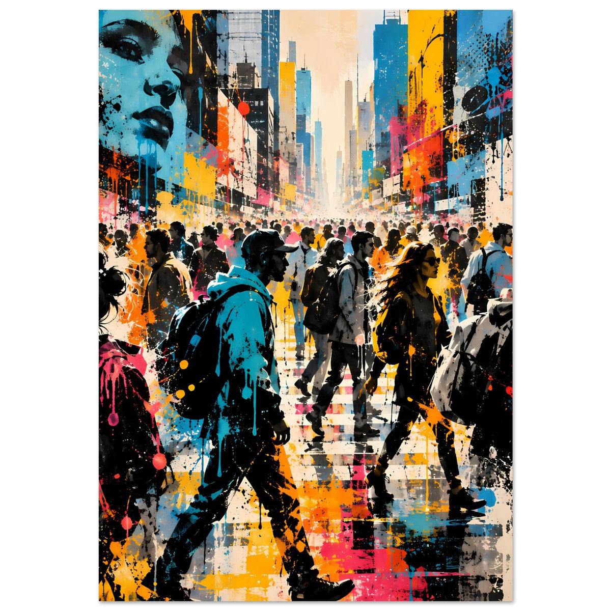 Street-Art-Poster: Fußgänger durch belebte Straße, mehrfarbiger Graffiti-Look, Hochformat
