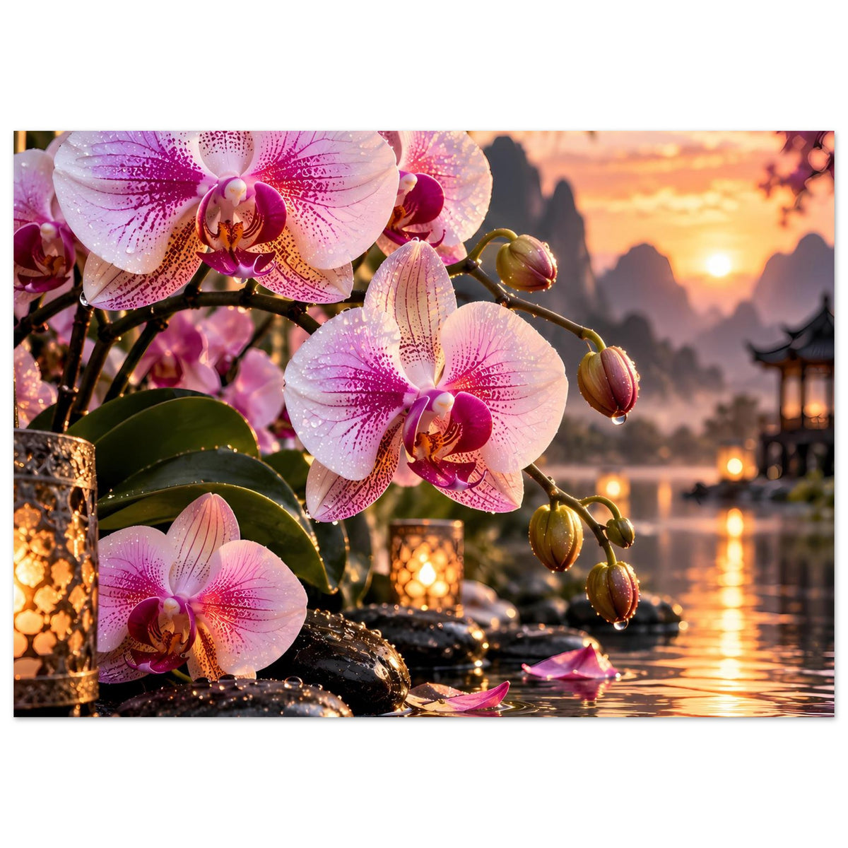 Orchideen-Poster: rosa Orchideen, Kerzenreihen und Wasserreflexionen