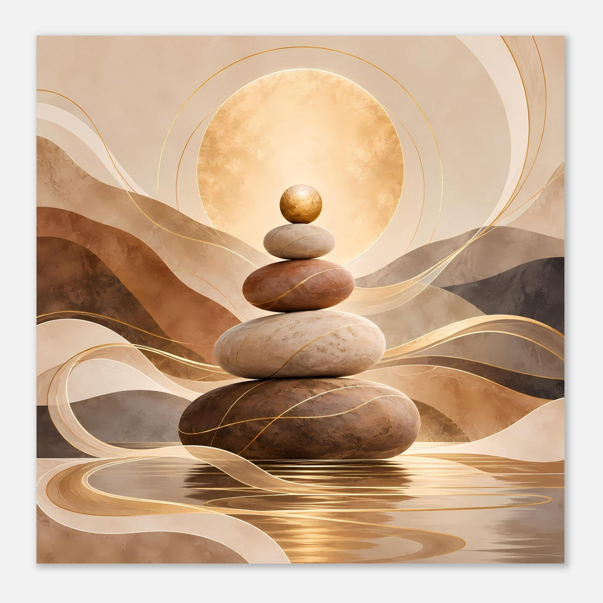 Zen-Poster, Fokus auf die Steinbalance mit goldenen Wellen und Erdtönen