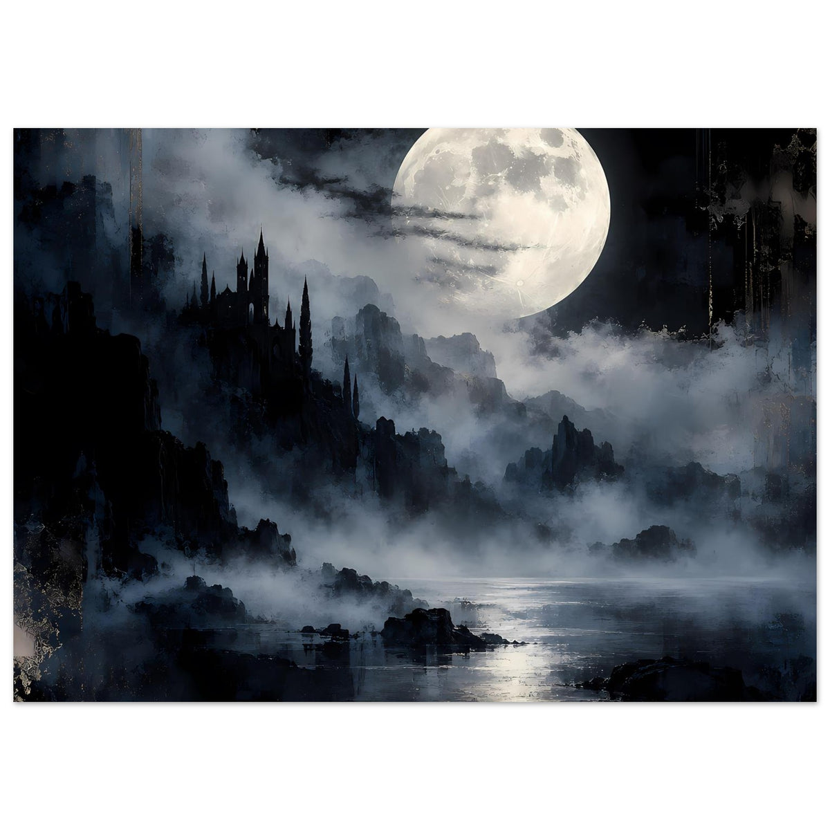 Landschaftsposter mit Vollmond, gotischen Türmen und Nebelschwaden über ruhigem Wasser
