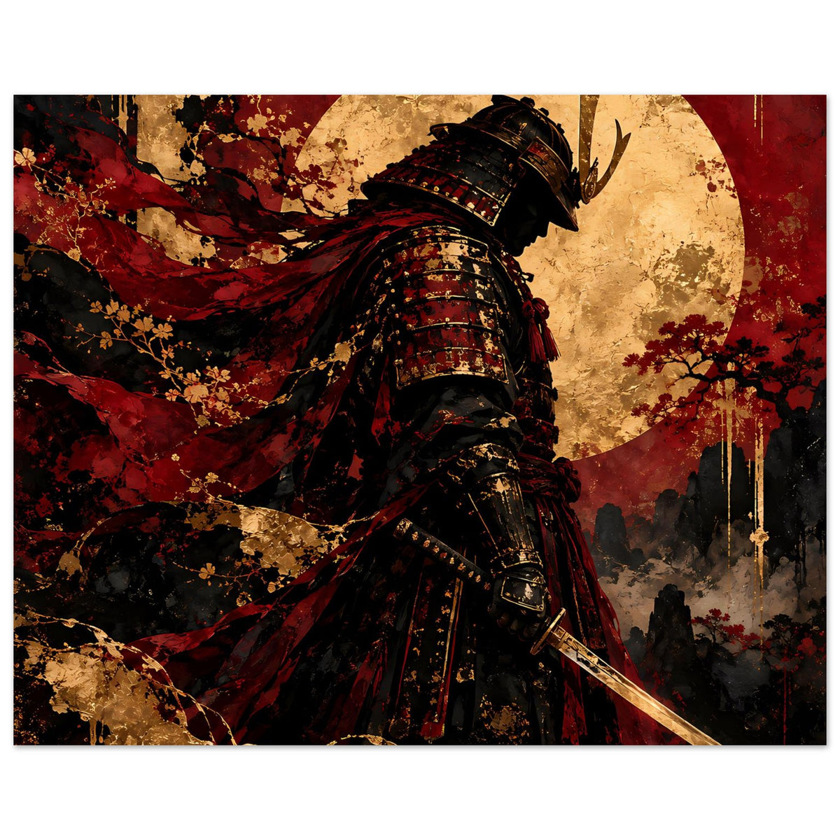 Japan-Poster: Samurai-Krieger in schwarzer Rüstung mit rotem Umhang und langem Schwert