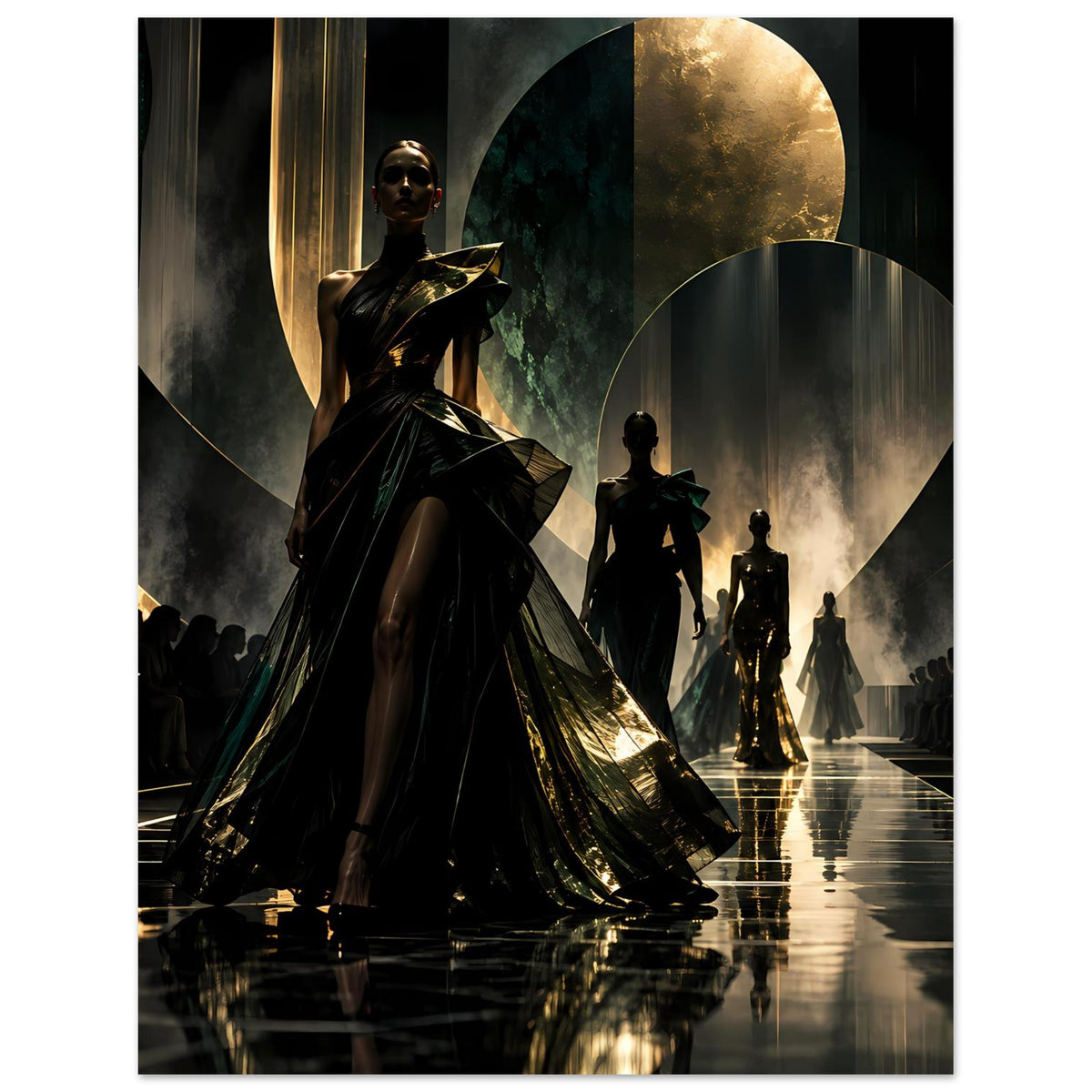 Fashion-Runway-Poster im Hochformat mit schwarzem Kleid und goldenen Akzenten im Hintergrund