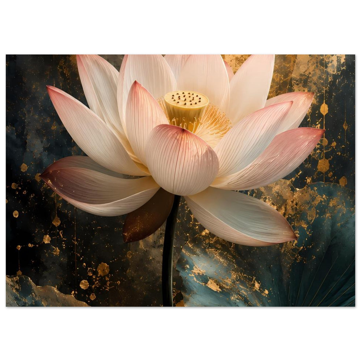 Poster mit naher Lotusblüte: weiße Blütenblätter, rosa Bereiche und goldfarbene Mitte