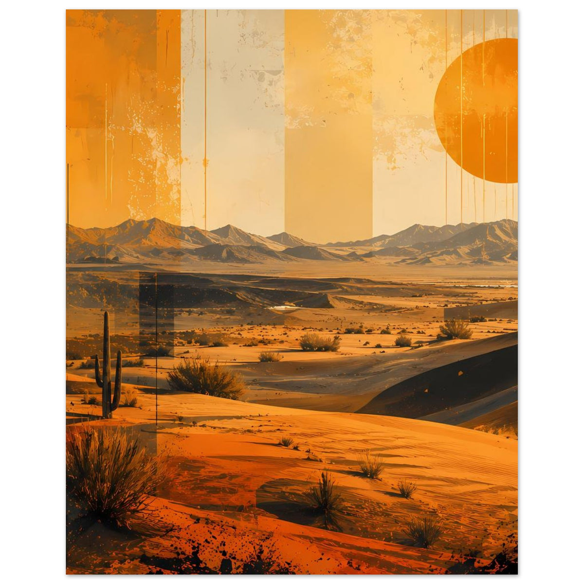 Retro-Wüstenposter mit orange Sonne, Kakteen am Vordergrund und Dünen