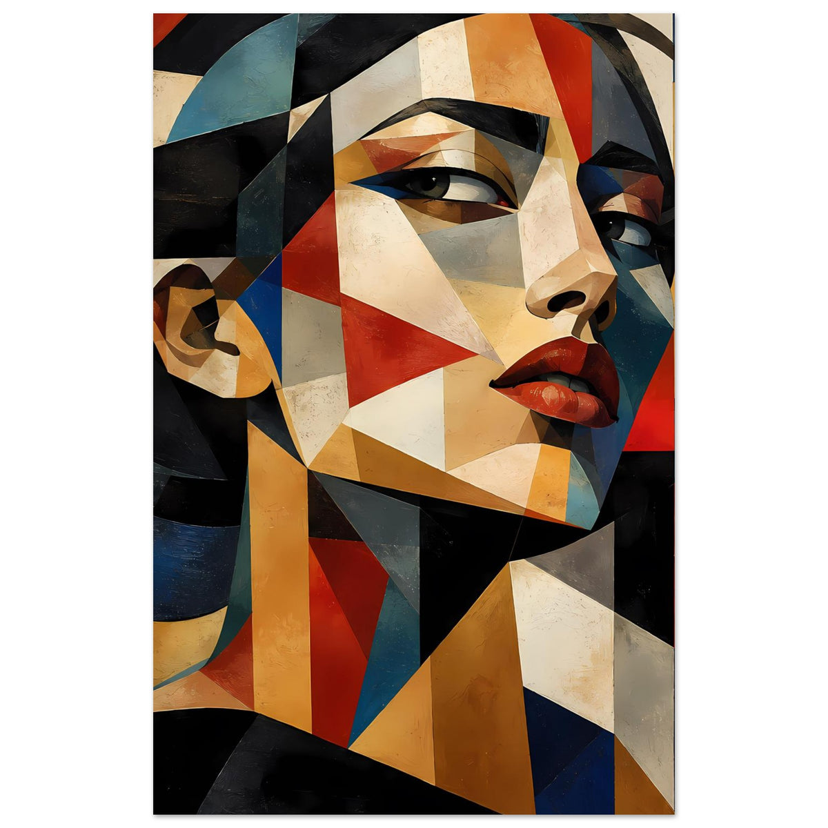 Geometrisches Porträtposter mit abstraktem Gesicht, dreieckigen Formen in warmen Farbtönen