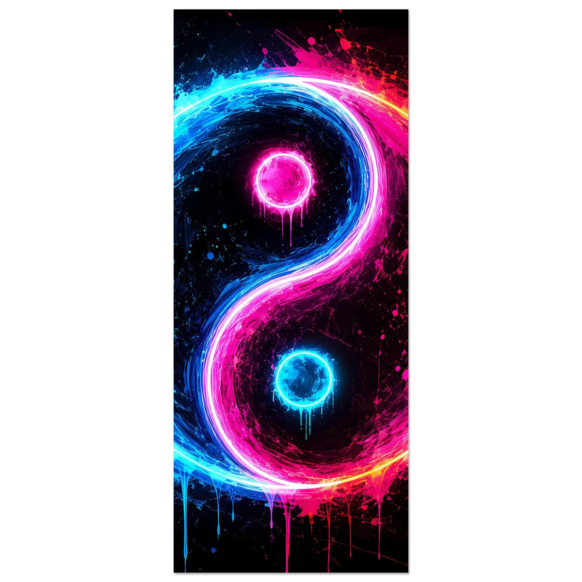 Vertikales Yin-Yang-Leuchtposter in Neonblau und Pink mit Farbspritzern